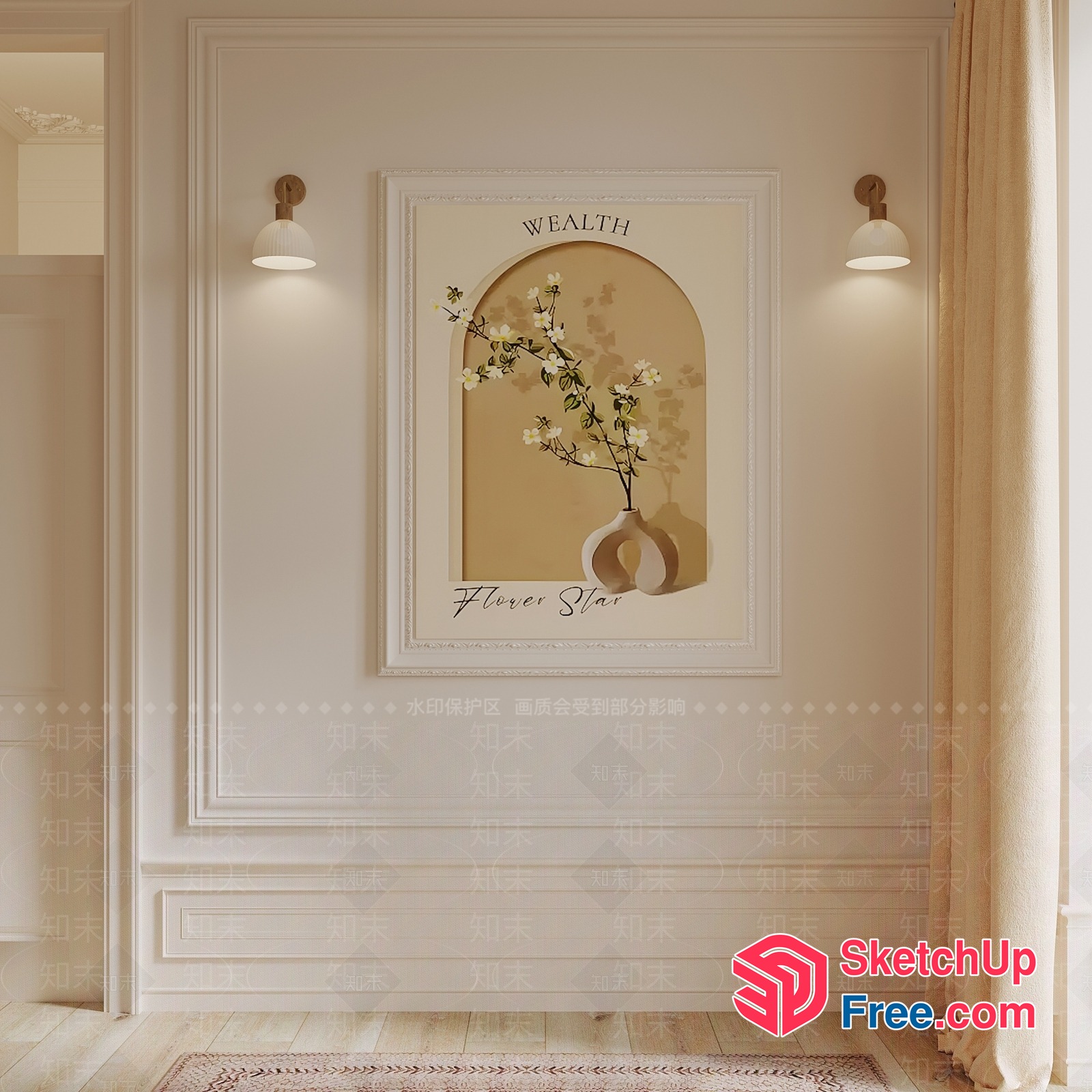 Elegant White Flower Vase And White Wall Frame With Wealthy Floral Design 3D SketchUp File