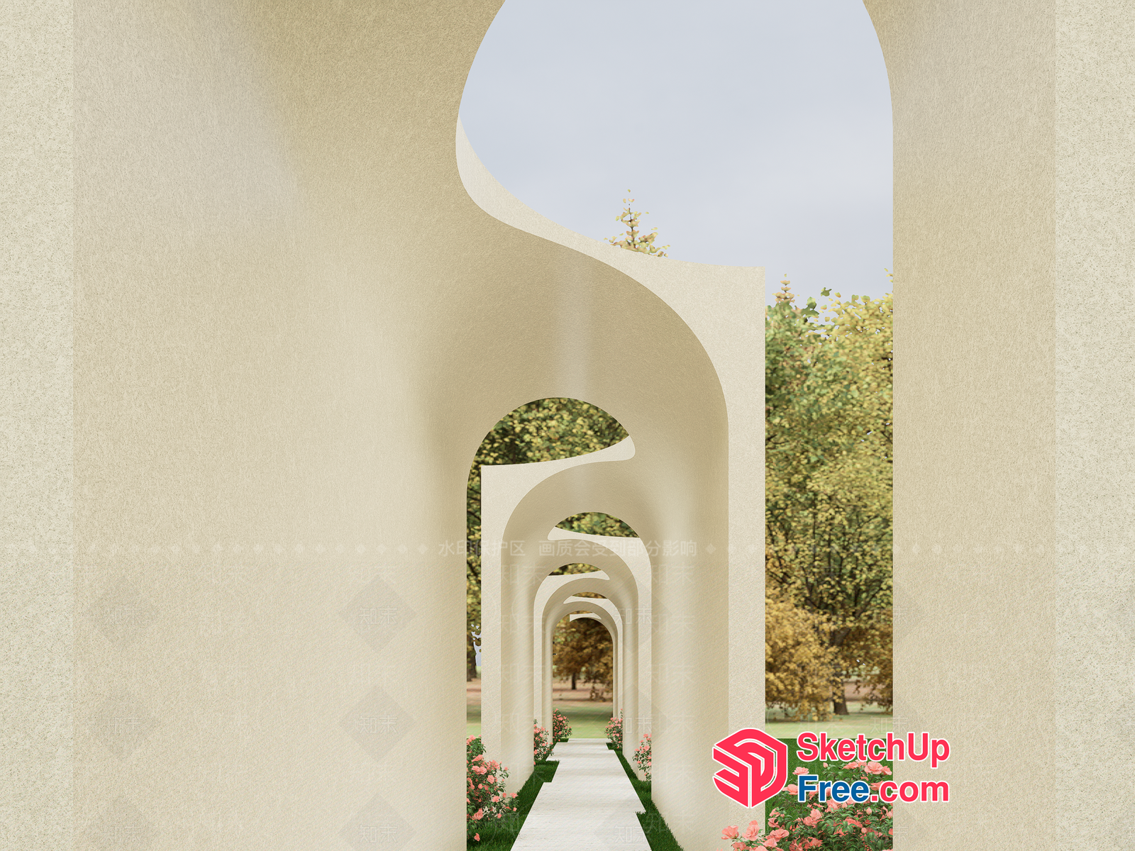 Elegant White Arches Leading To A Serene Park 3D SketchUp File