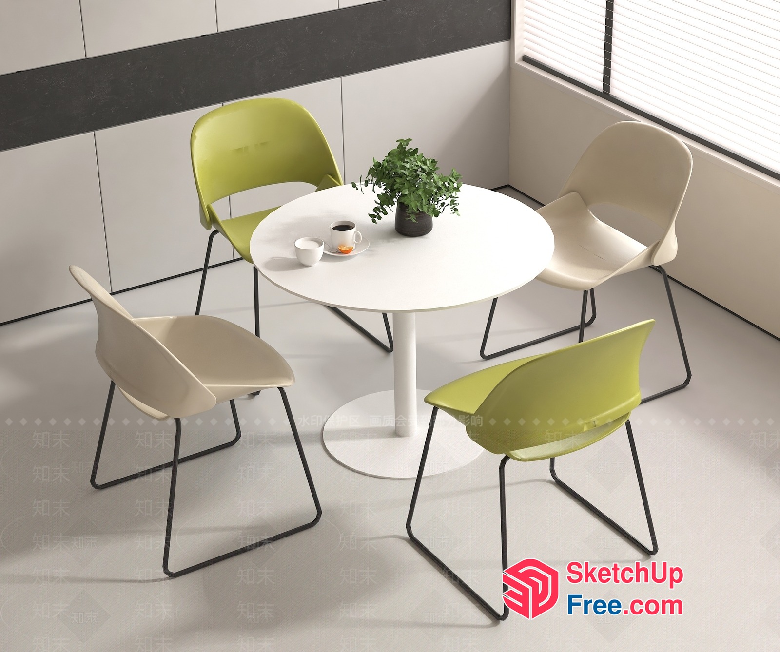 Simple Modern Dining Room Scene With White Table And Green Chairs 3D SketchUp File