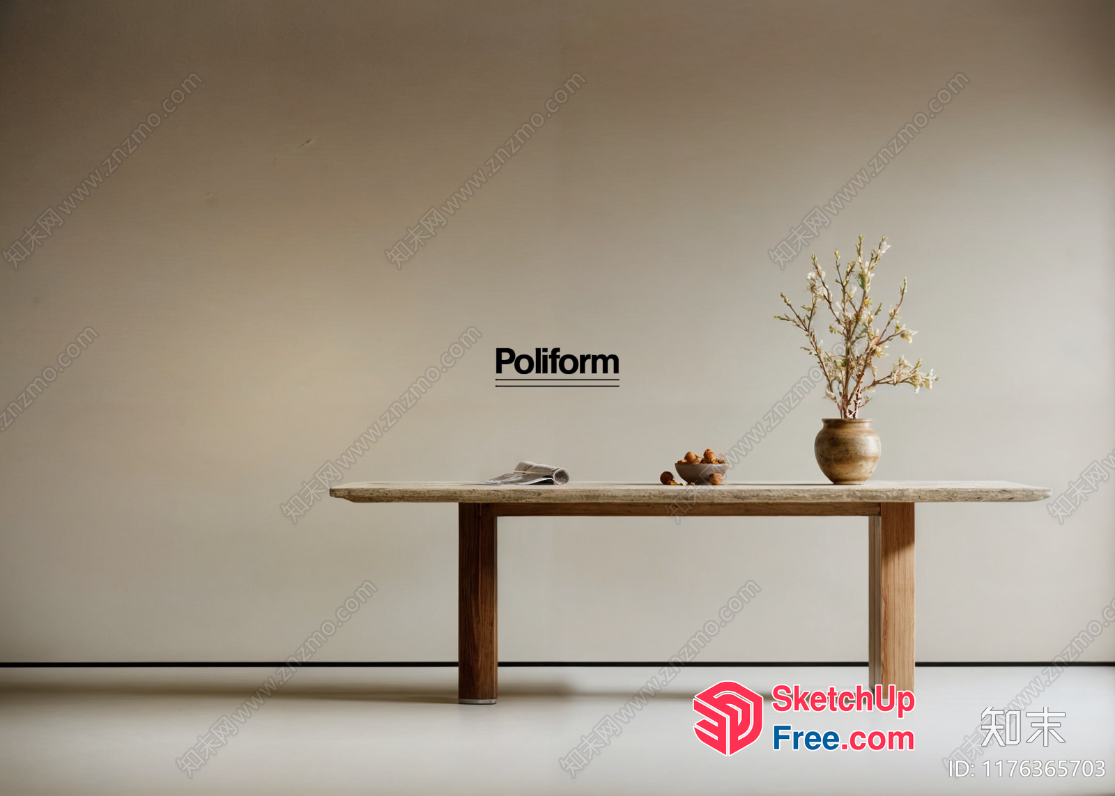 Minimalist Style Wooden Table With Vase And Bowl 3D SketchUp File