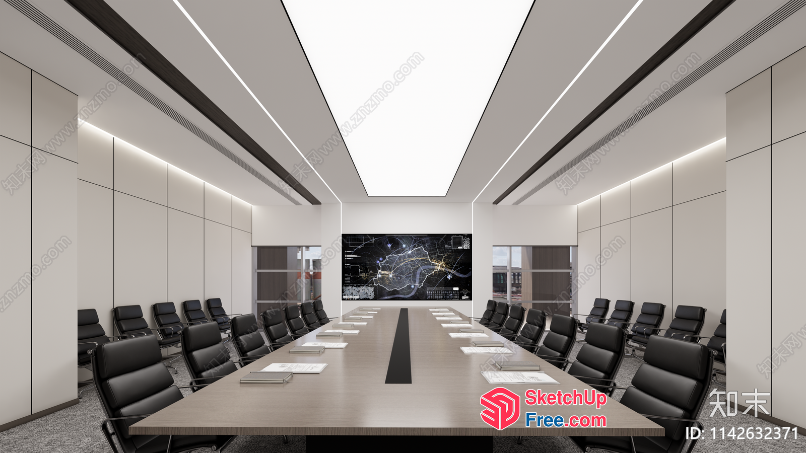 Long Conference Table With Black Chairs And Large Screen 3D SketchUp File