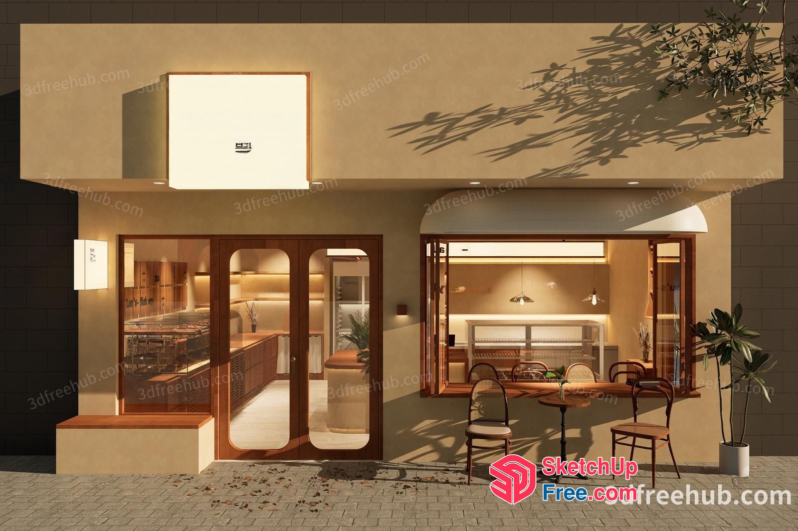Modern Cafe Exterior With Elegant Wooden Furniture 3D SketchUp File