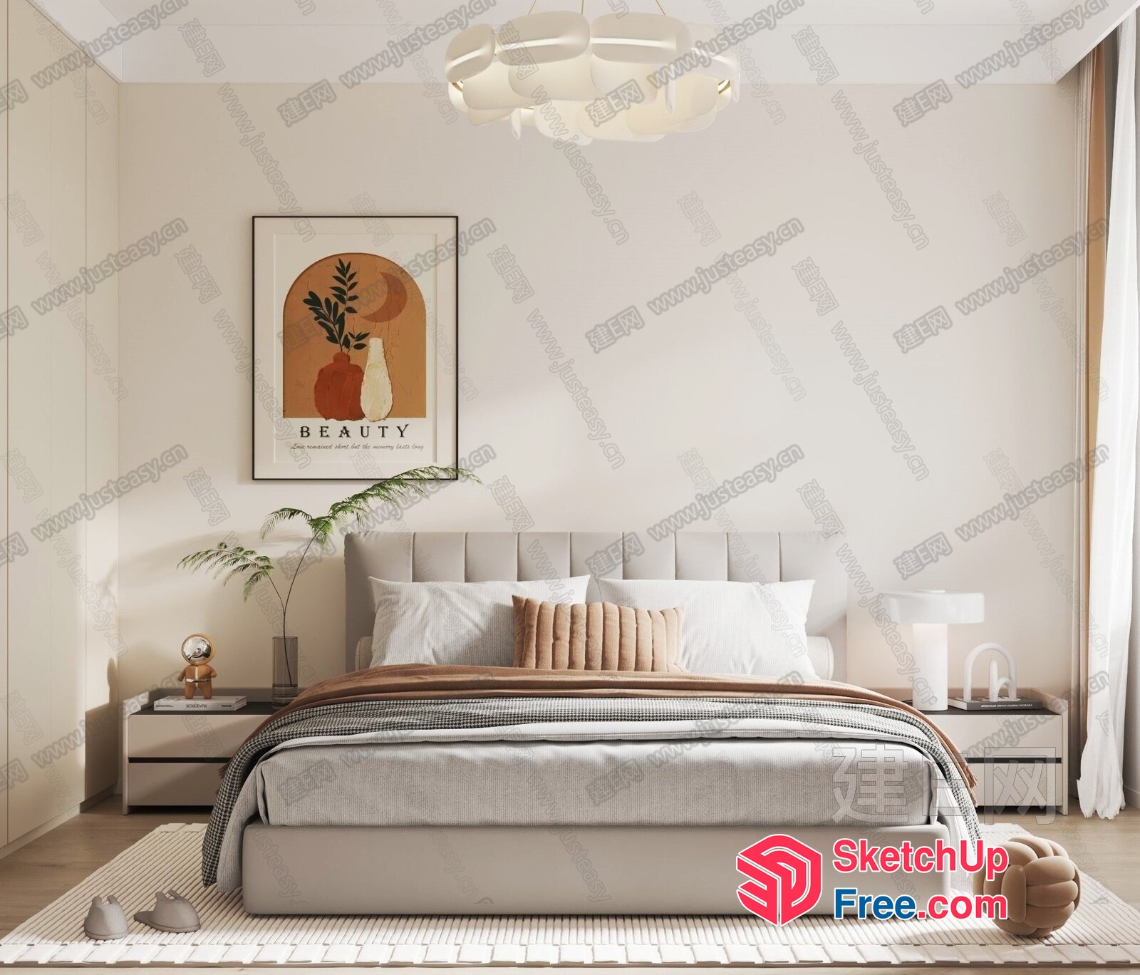 Minimalist Style Bedroom With Creamy Style Decor 3D SketchUp File