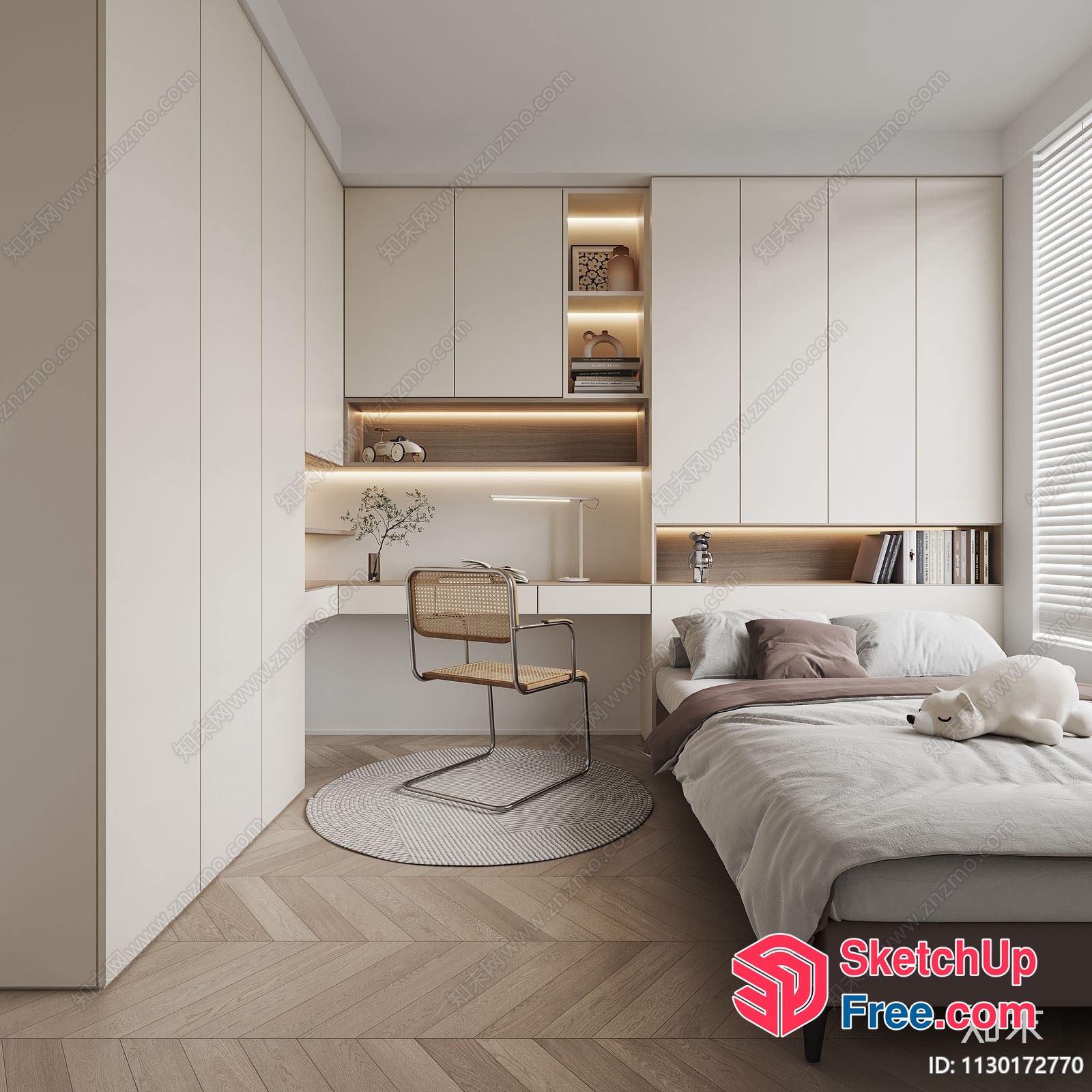 Minimalist White Bedroom Interior With Sleek Furniture And Wood Flooring 3D SketchUp File