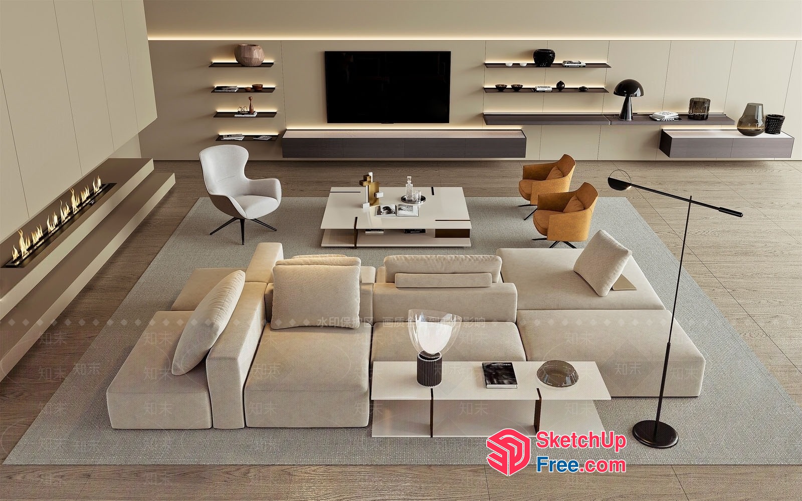 Modern Minimalist Living Room With Fireplace And Tv 3D SketchUp File