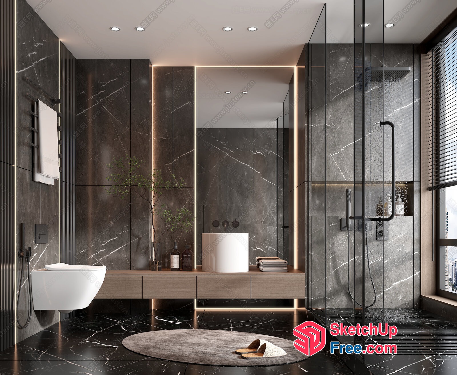 Modern Bathroom With Dark Marble And Glass Shower 3D SketchUp File
