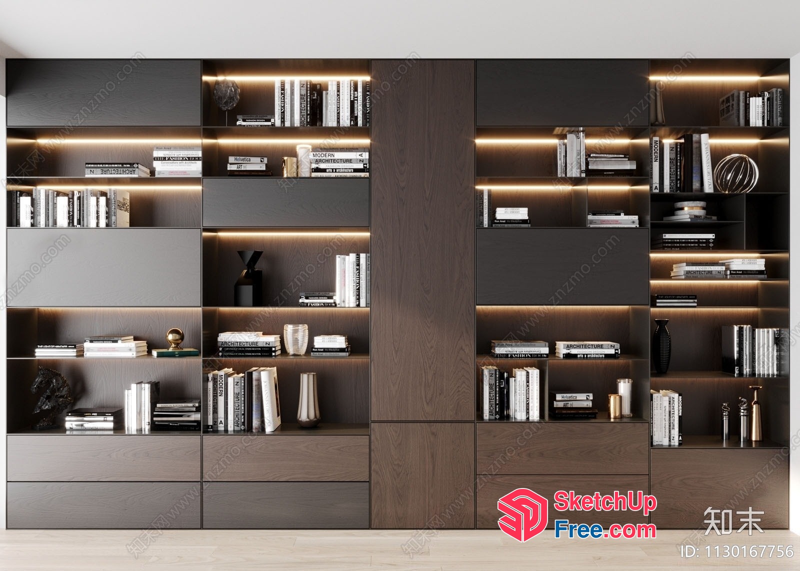 Modern Bookcase With Built-In Lighting And Decorative Shelves 3D SketchUp File