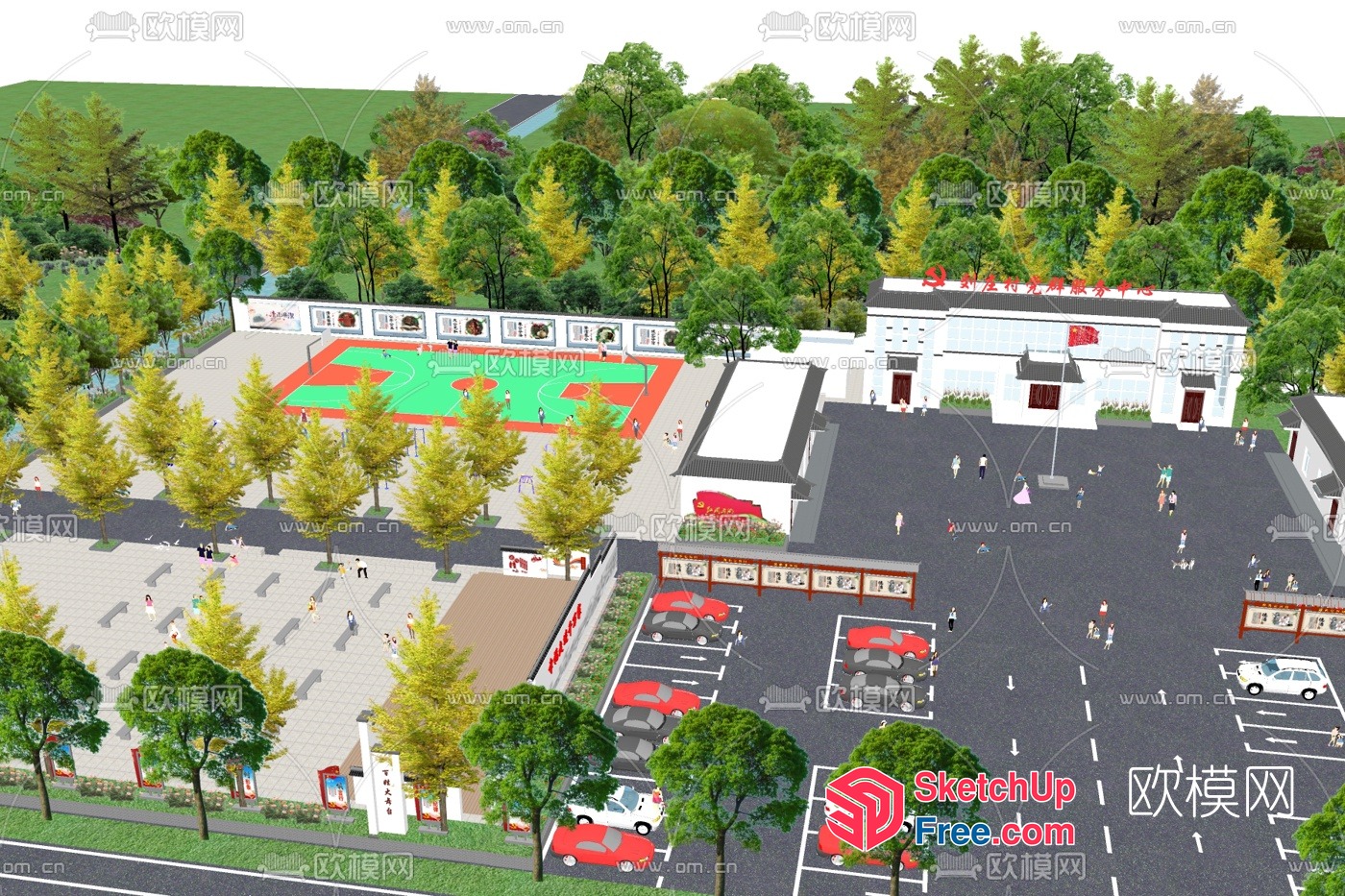 Aerial View Of A Park With A Basketball Court, Parking Lot, And Building 3D SketchUp File