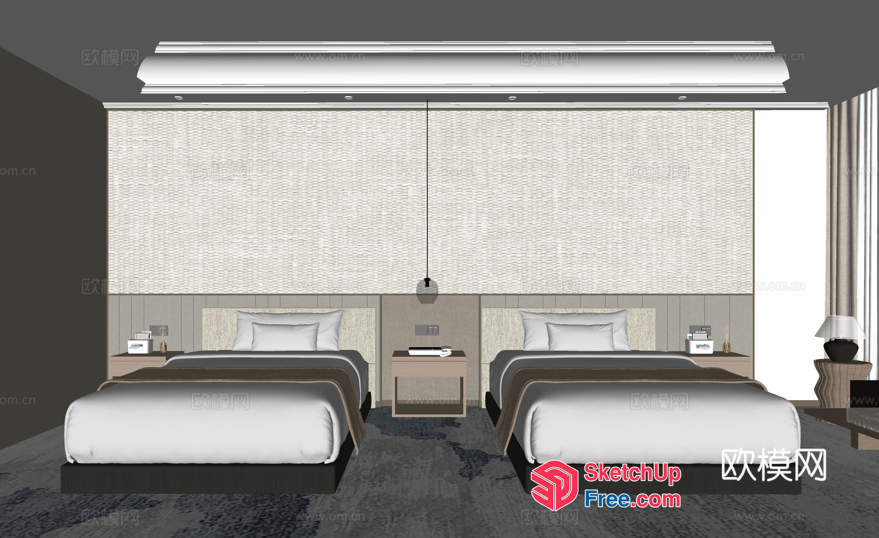 Modern Hotel Room With Two Beds And Neutral Decor 3D SketchUp File