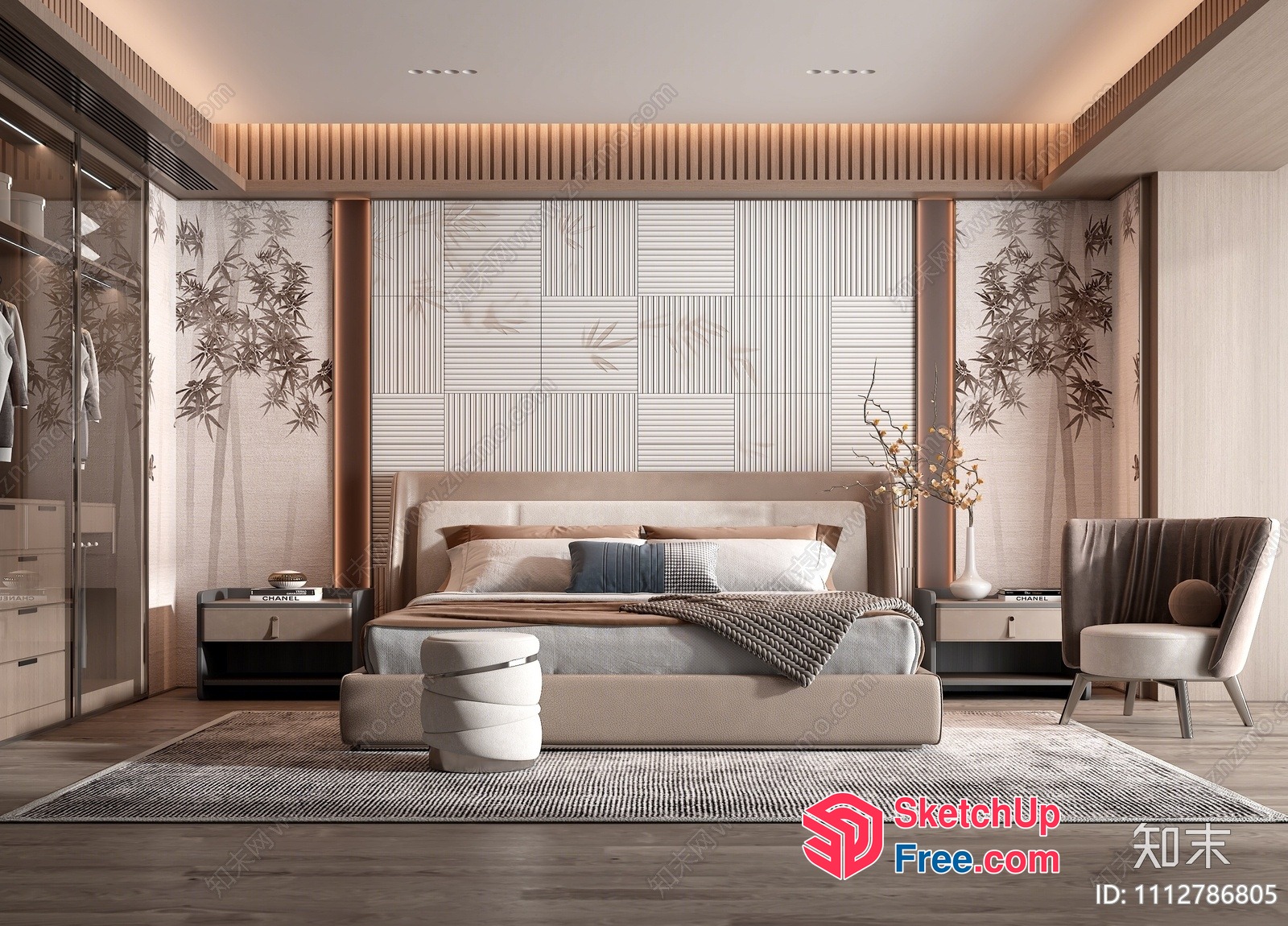 Modern Minimalist Japanese Style Bedroom With Creamy And White Tones 3D SketchUp File