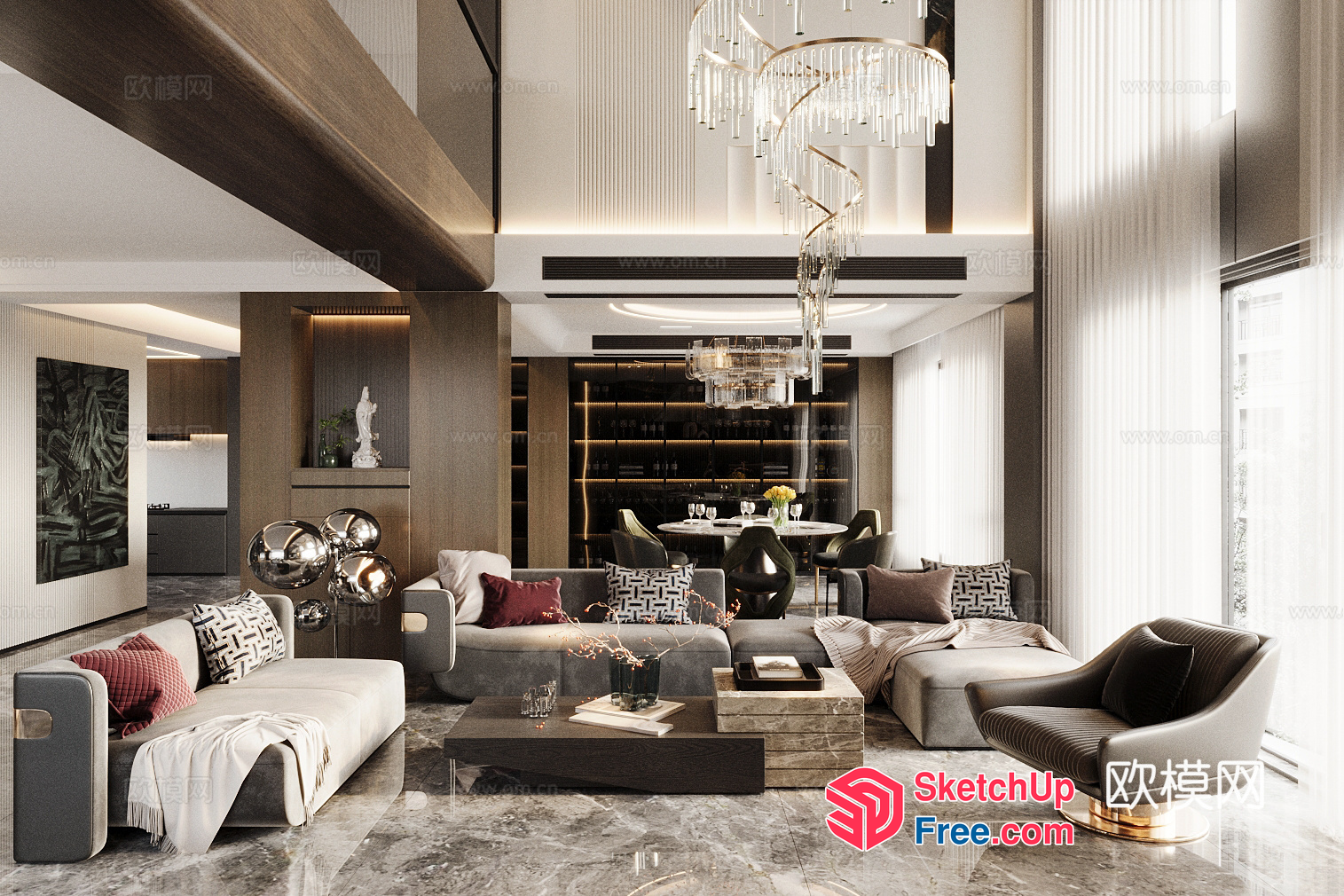 Modern And Elegant Living Room With High Ceiling 3D SketchUp File