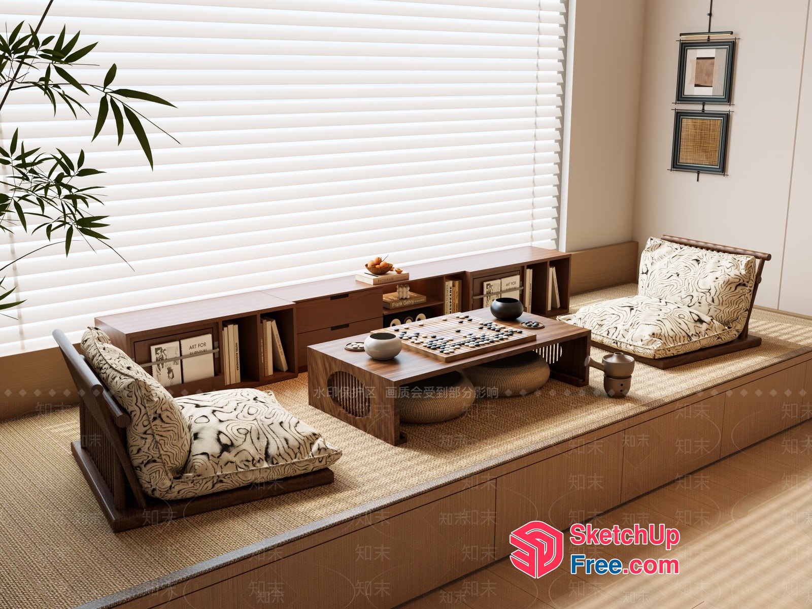 Cozy Japanese-Style Living Room With Natural Light And Comfortable Seating 3D SketchUp File