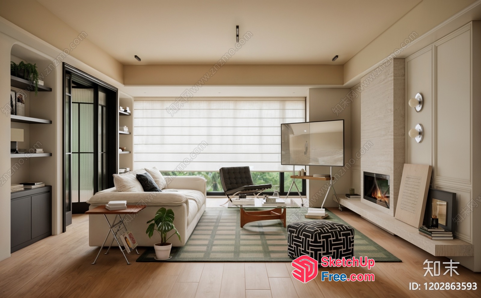 Modern Living Room With Fireplace And Natural Light 3D SketchUp File