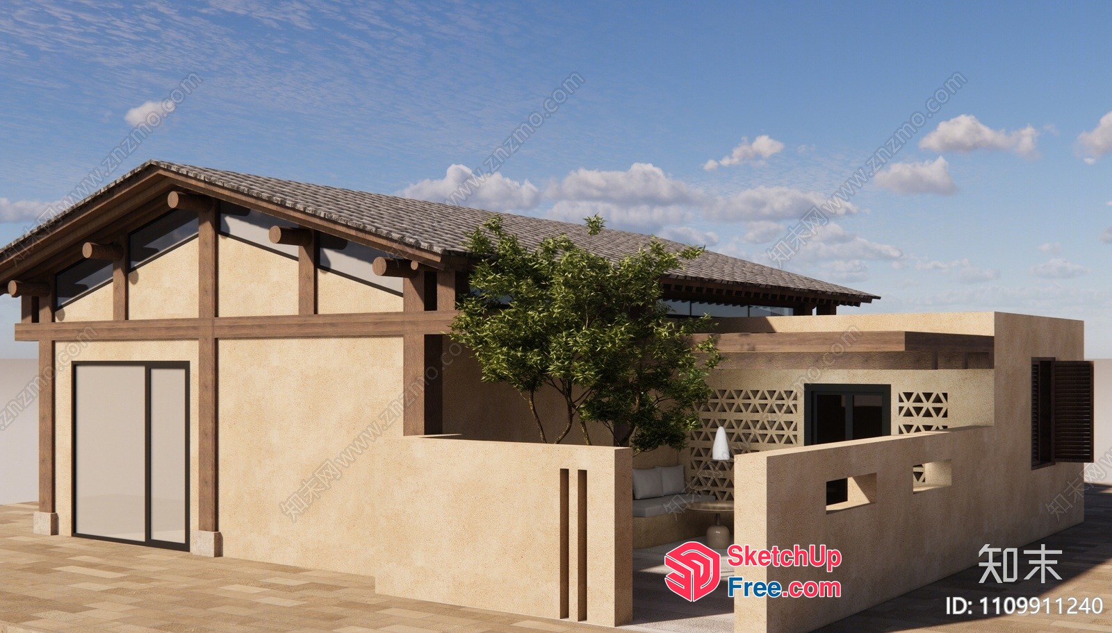 Exterior Villa Scene With Roof Synthesis And Pillars 3D SketchUp File