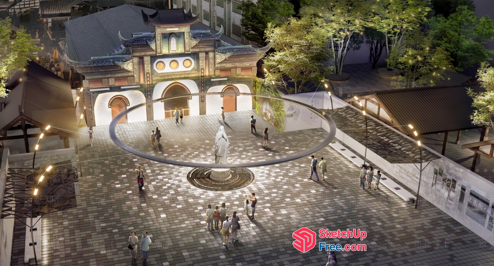 Asian-Inspired Temple Courtyard With Circular Fountain 3D SketchUp File