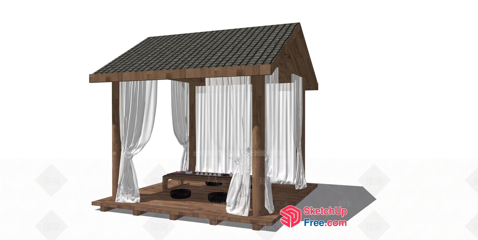 Japanese-Style Pavilion With Wooden Structure And White Curtains 3D SketchUp File