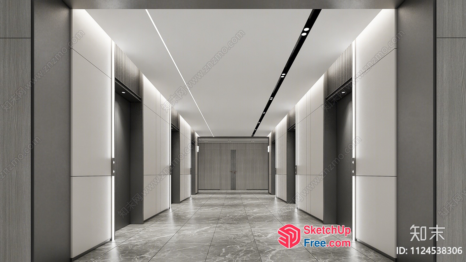 Modern Office Building Interior With Elevators And Marble Flooring 3D SketchUp File