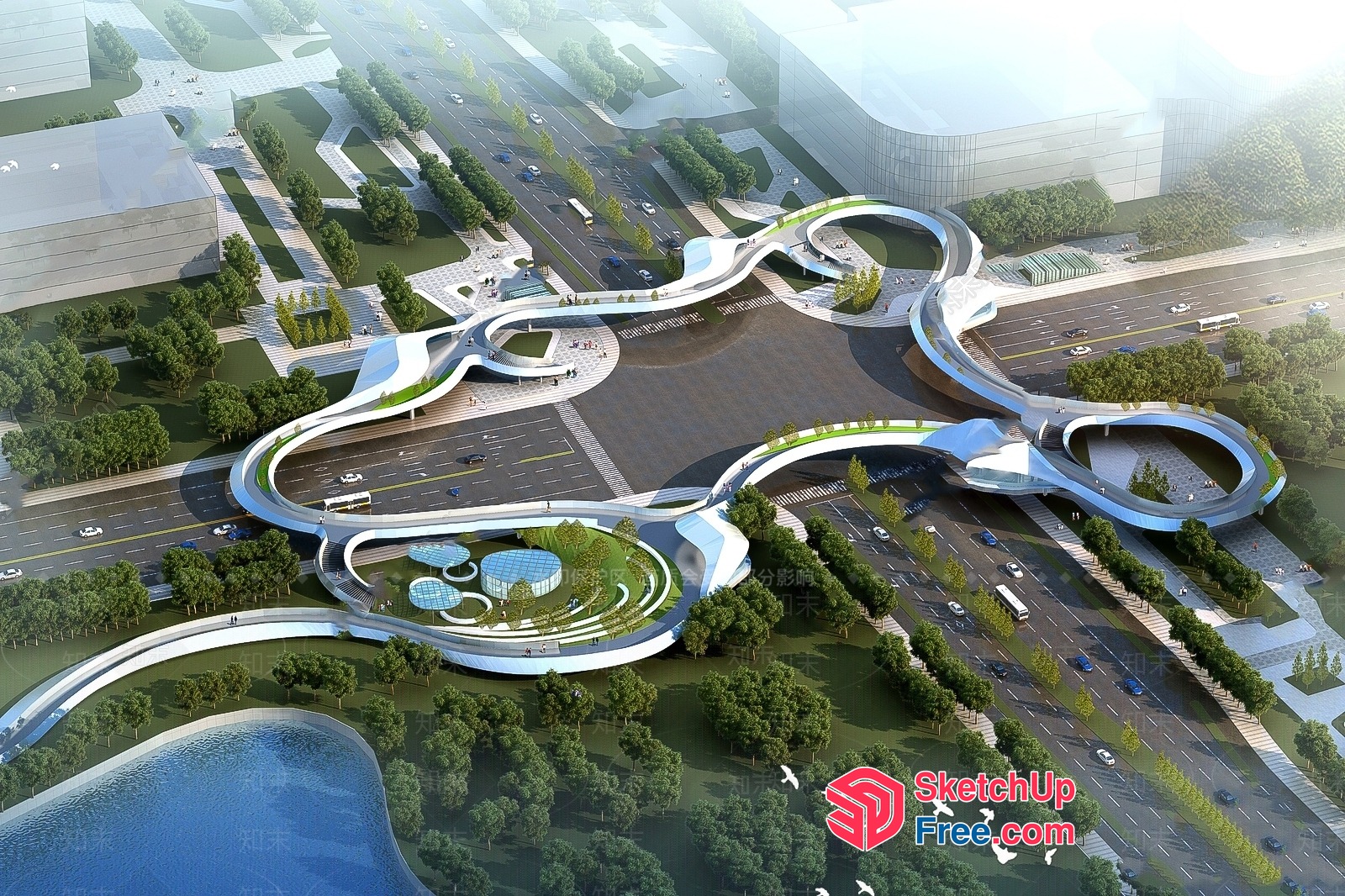 Futuristic Modern Cityscape With Curved Roads And Buildings 3D SketchUp File