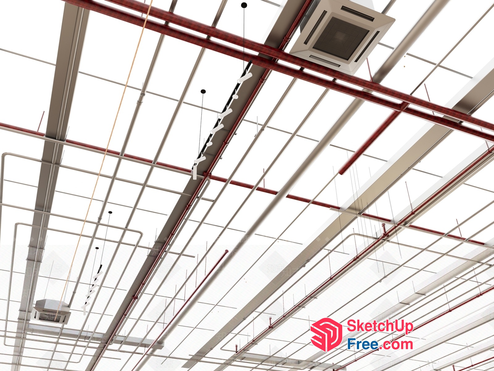 Industrial Style Office Ceiling With Red And White Pipes 3D SketchUp File