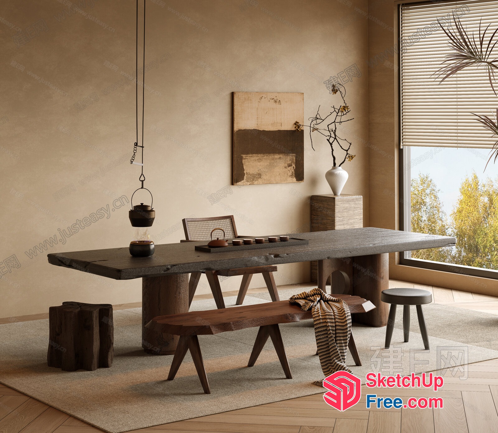 Modern Japanese-Inspired Dining Room With Natural Wood Accents 3D SketchUp File