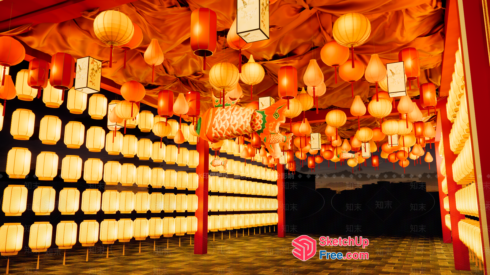 Asian-Style Decorative Lanterns And Pillars 3D SketchUp File