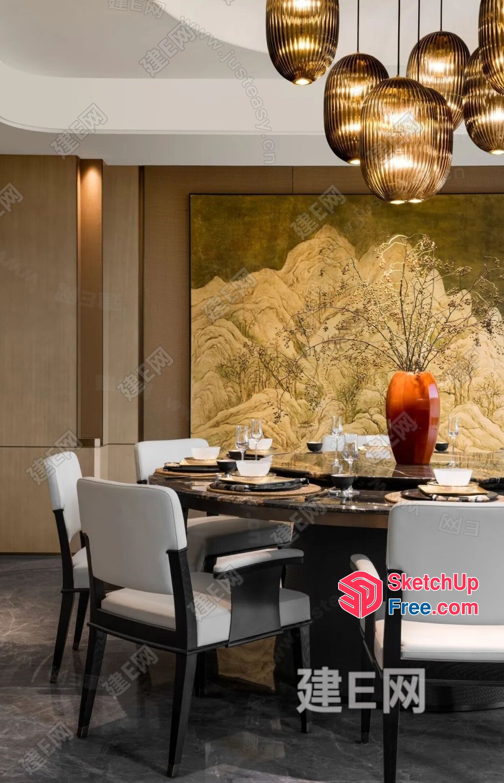 Elegant Dining Room With Marble Table And Vase 3D SketchUp File