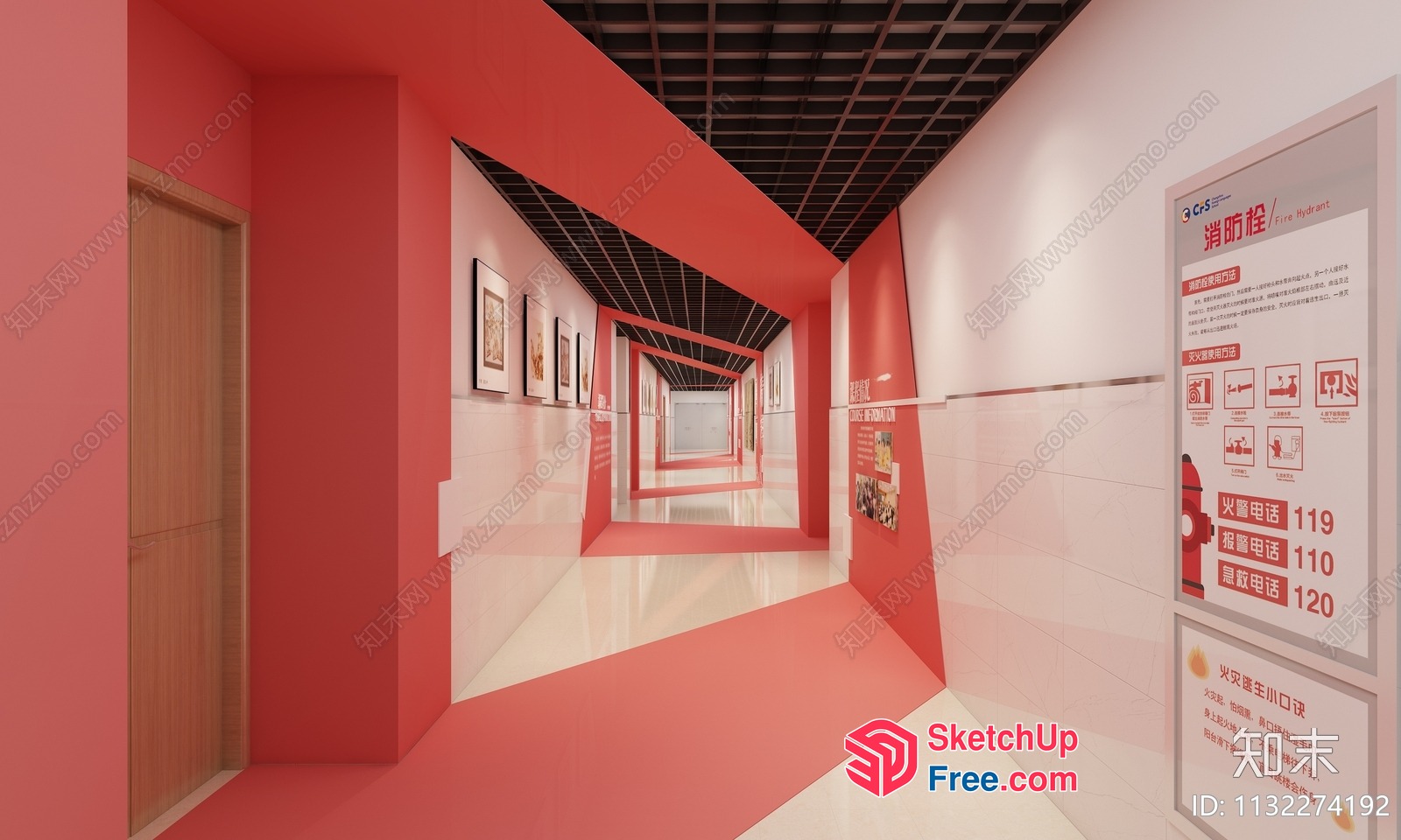 Red And White Hallway With Elevator And Artwork 3D SketchUp File