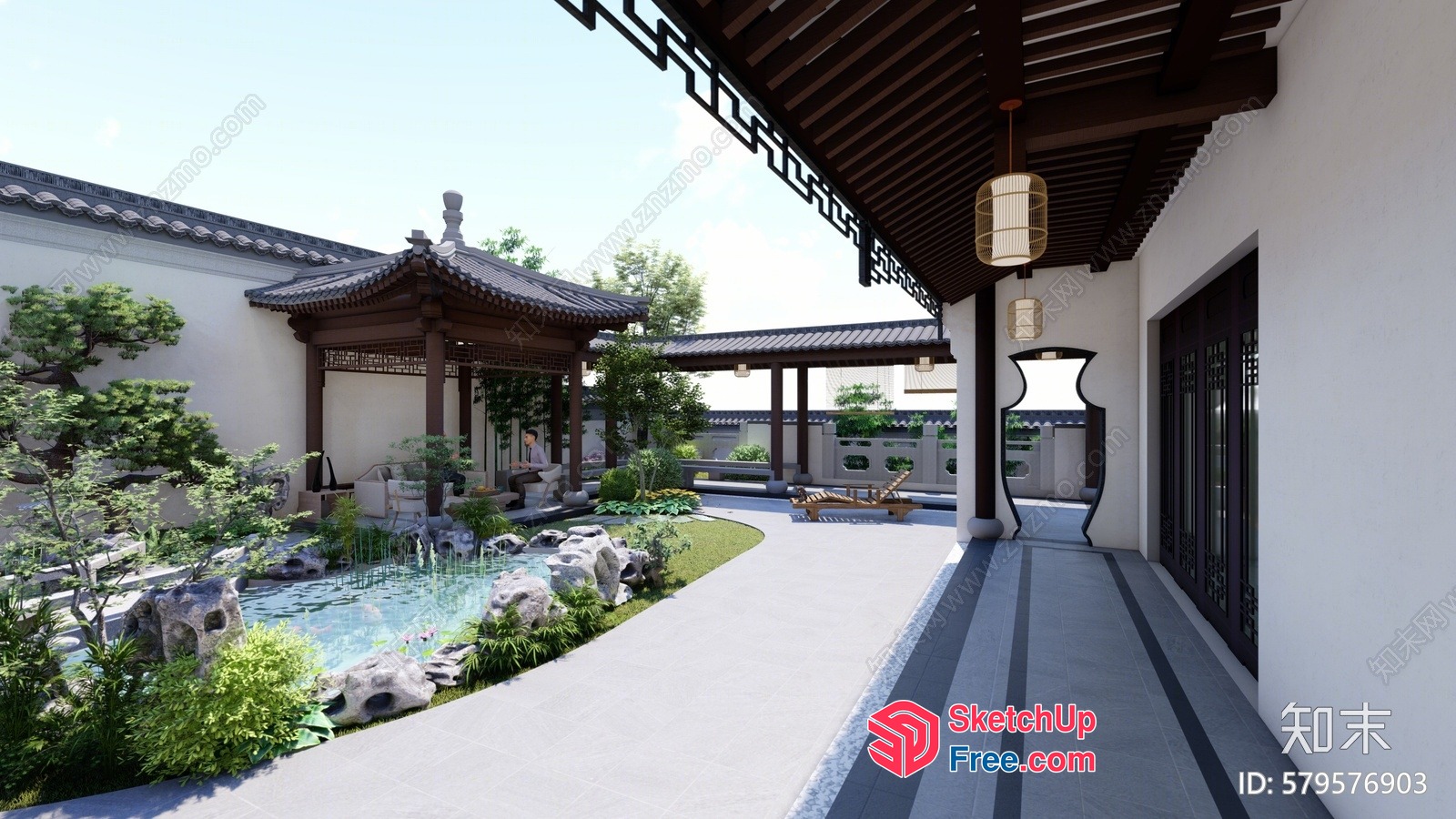 Traditional Chinese Courtyard With Pavilions And Pond 3D SketchUp File
