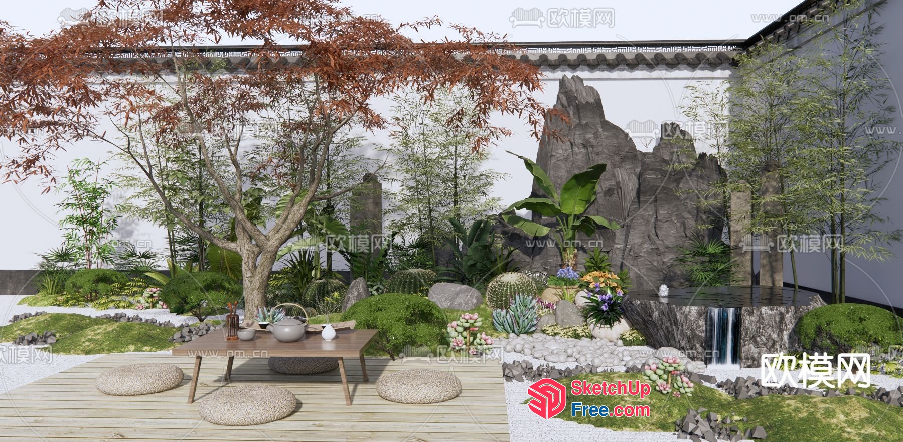 Japanese Style Garden With Waterfall And Tree 3D SketchUp File