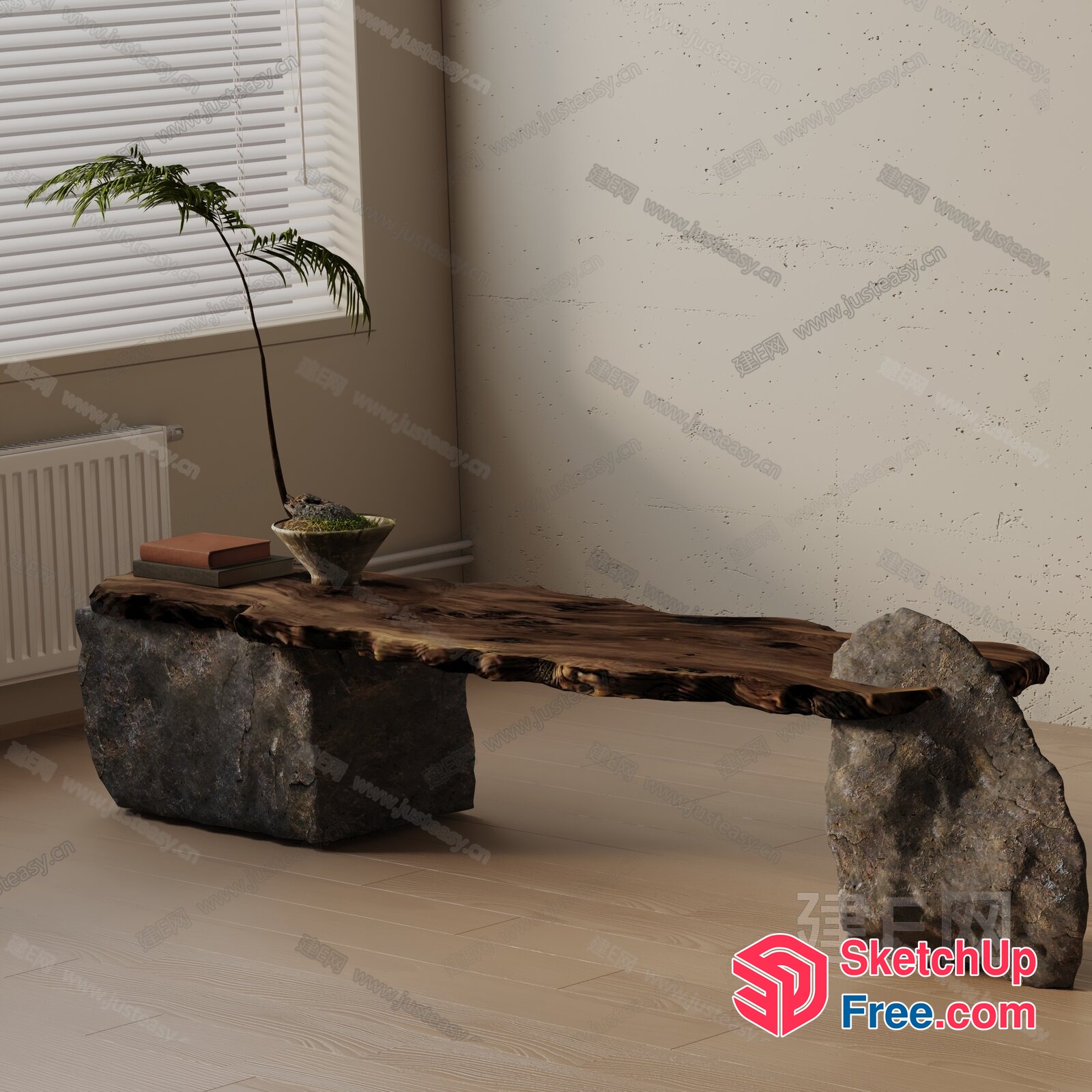 Natural Stone And Wood Bench 3D SketchUp File