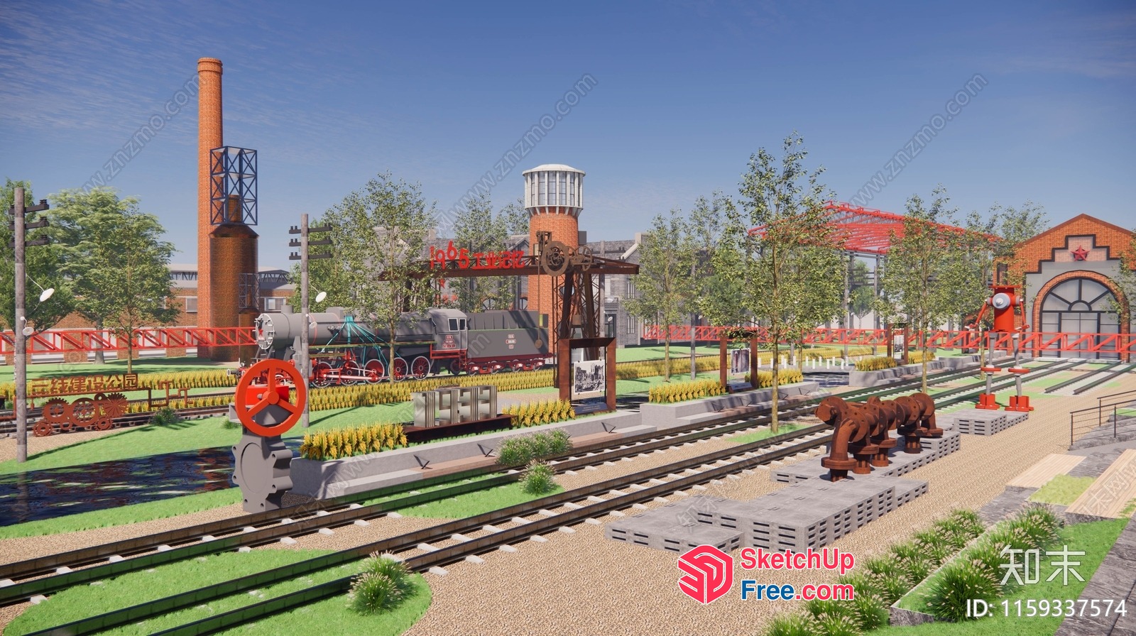 Industrial Park With Train Tracks And Brick Buildings 3D SketchUp File