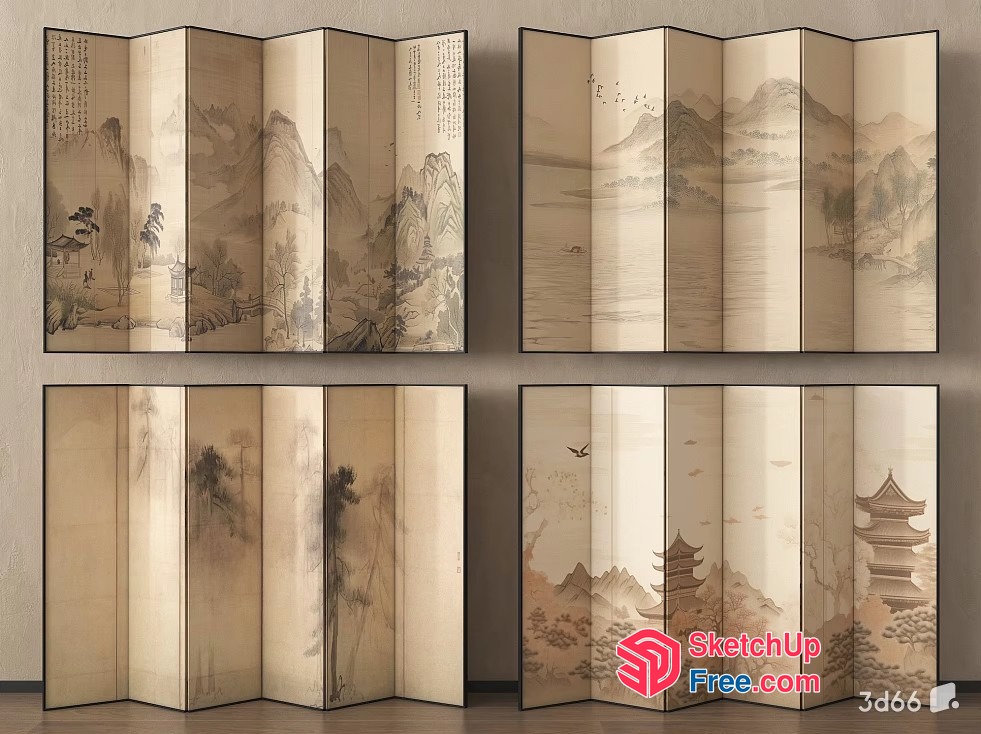 Asian-Inspired Four-Panel Room Divider 3D SketchUp File
