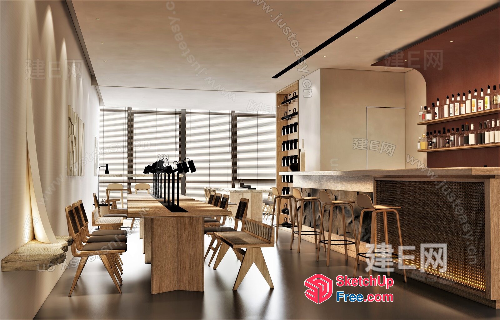 Elegant Modern Restaurant With Sleek Wooden Furniture 3D SketchUp File