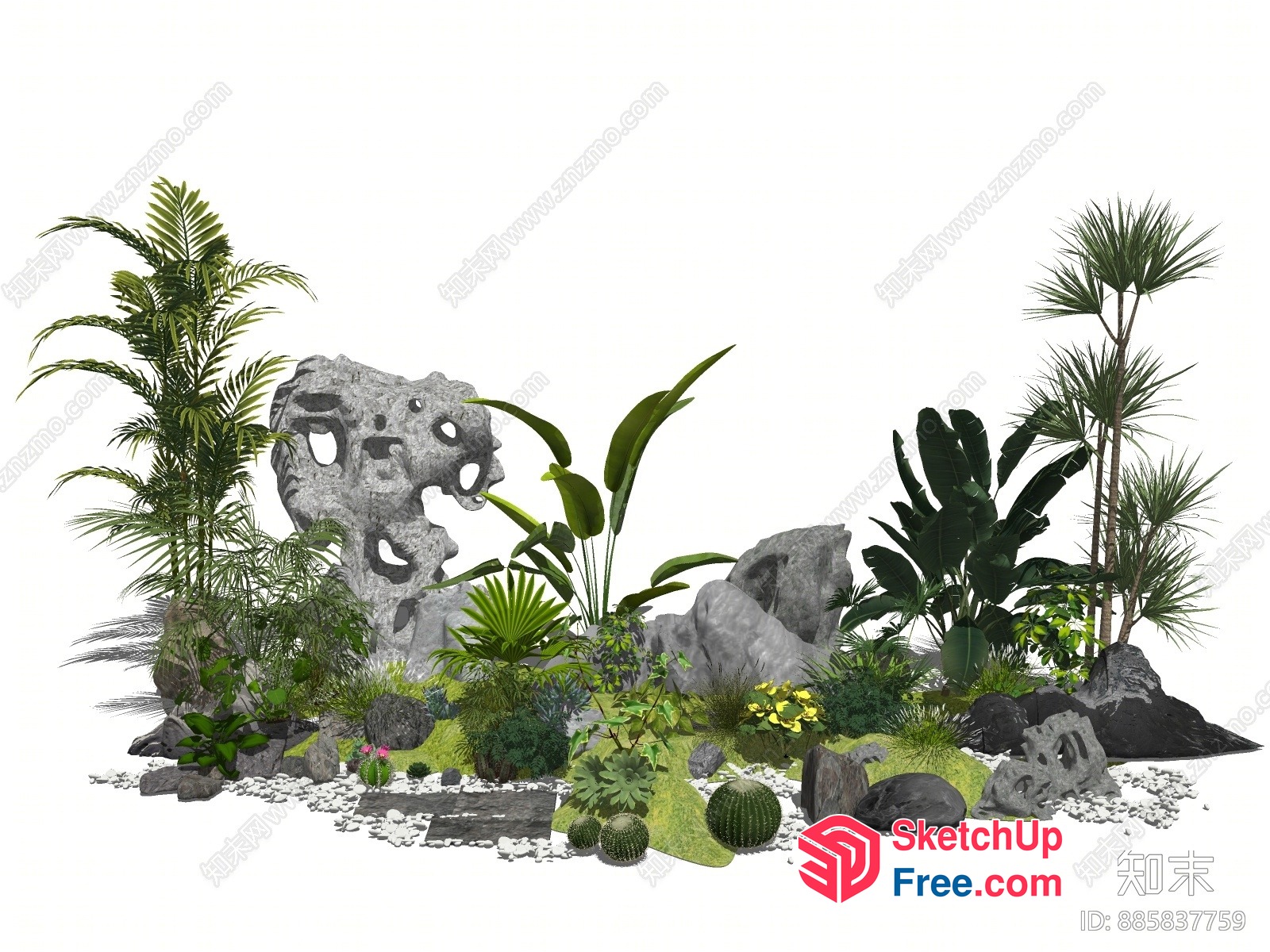 Serene Tropical Oasis With Natural Stone And Plants 3D SketchUp File