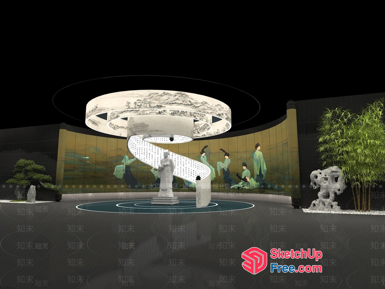 Curved Staircase With Traditional Asian Artwork 3D SketchUp File