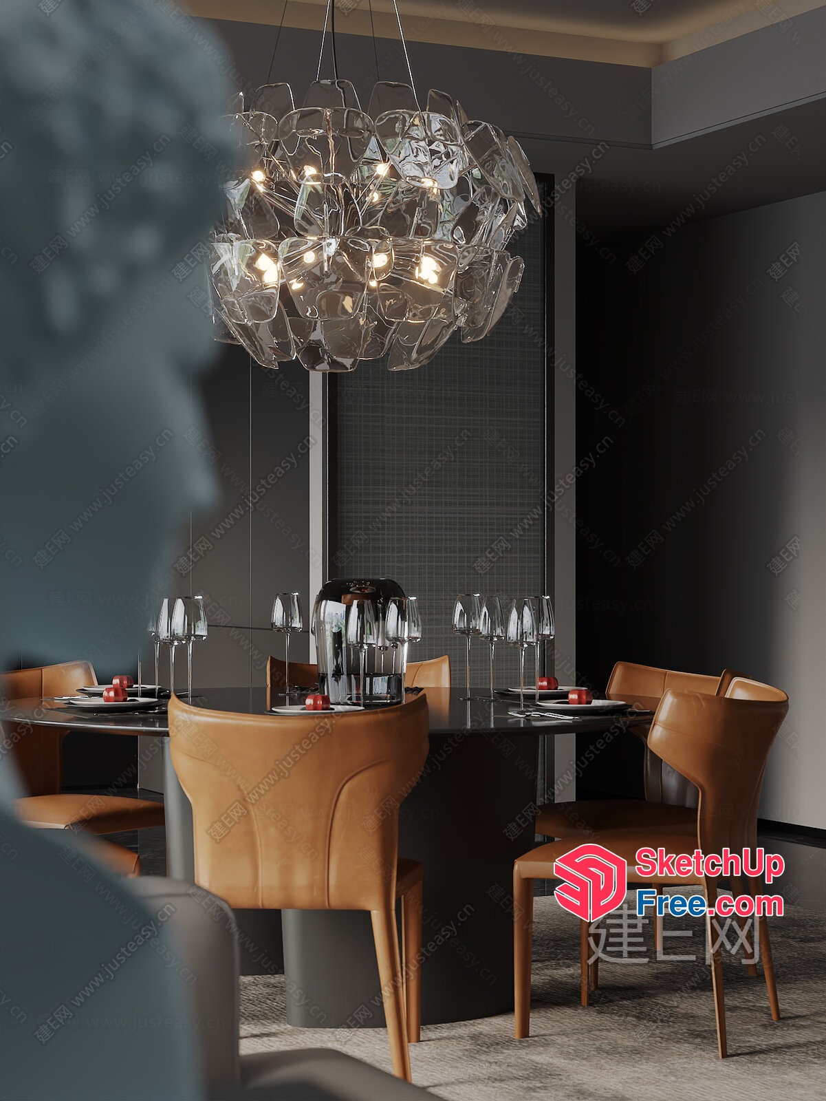 Modern Dining Room With Sleek Glass Chandelier And Elegant Table Setting 3D SketchUp File