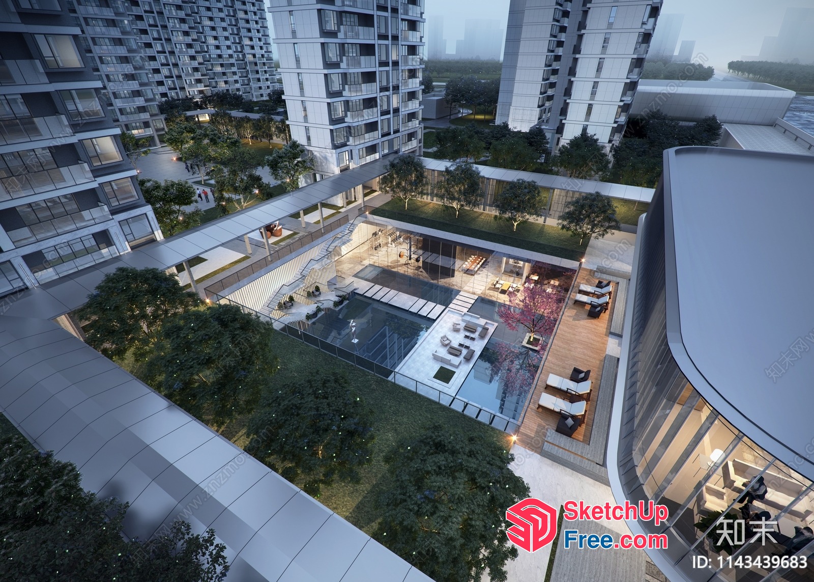 Modern Apartment Building With Glass Curtain Wall And Outdoor Pool 3D SketchUp File