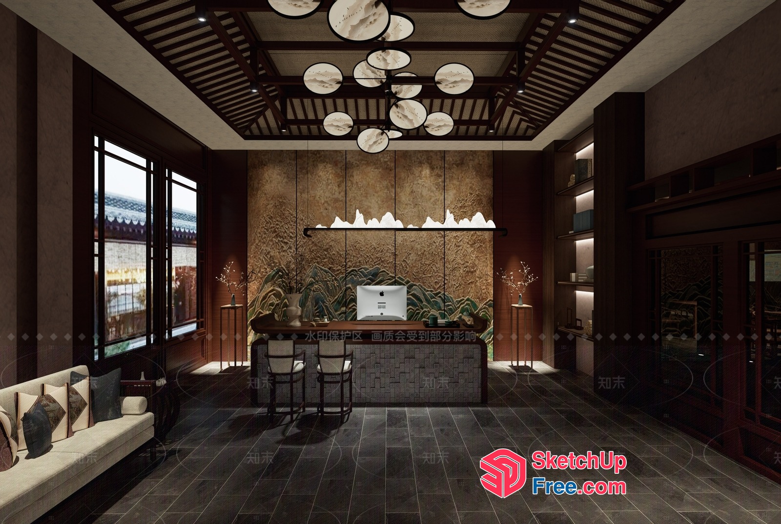 Modern Chinese-Style Office Interior With Dark Wood Accents 3D SketchUp File
