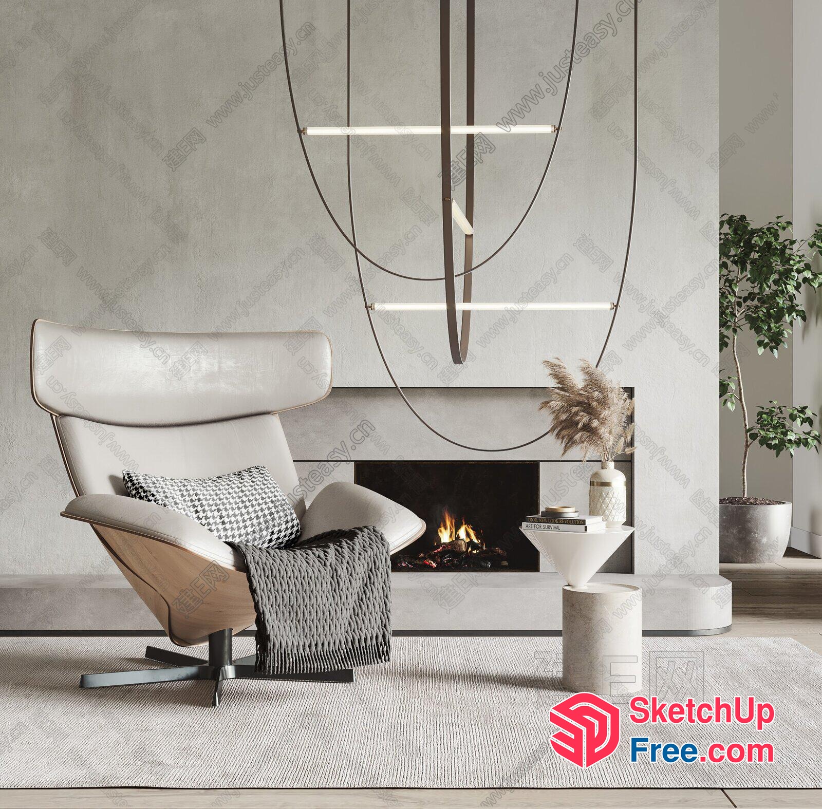 Modern Minimalist Living Room With Fireplace And Hanging Light 3D SketchUp File