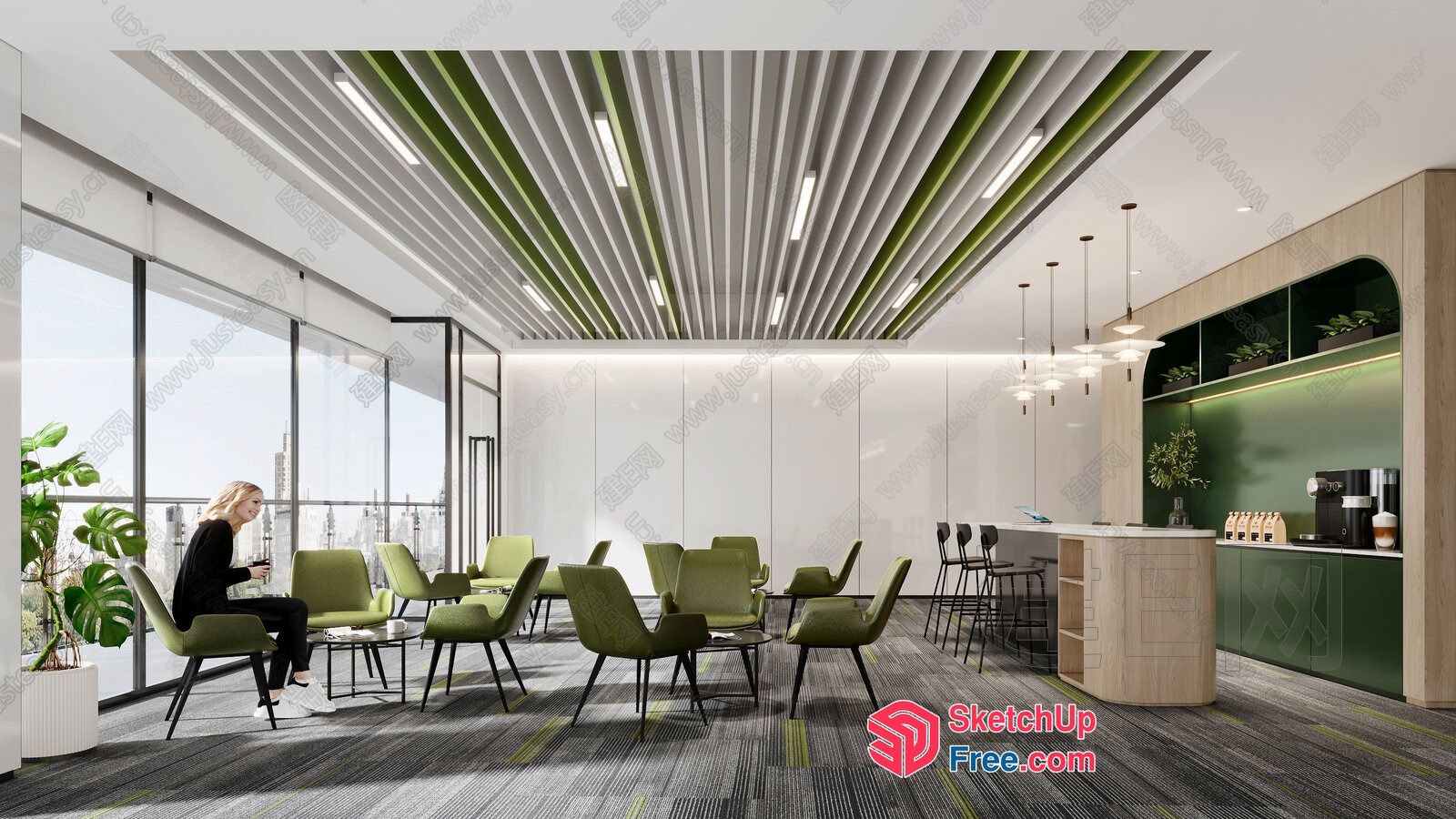 Modern Office Interior With Green Accents And City View 3D SketchUp File
