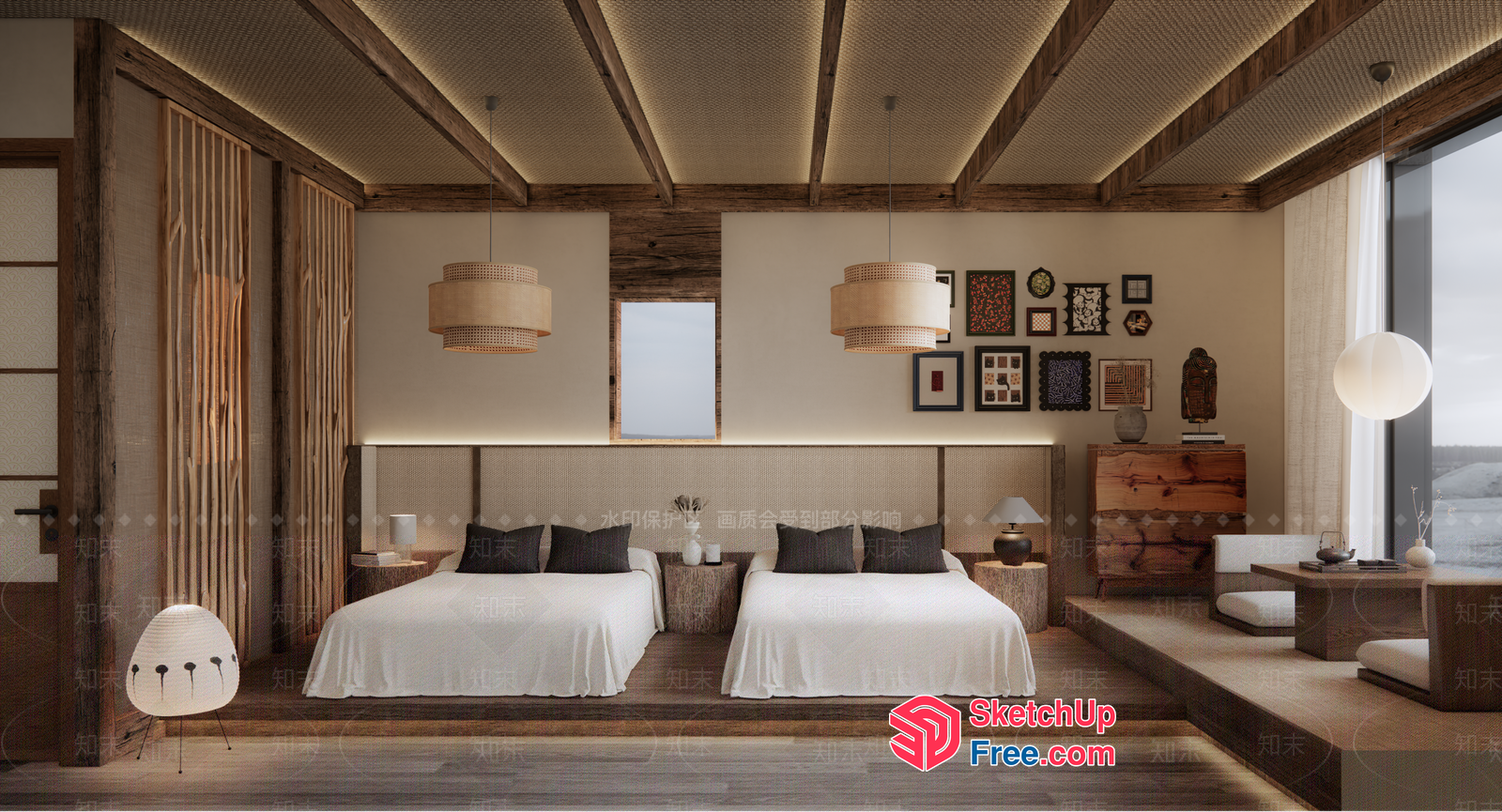 Modern Japanese-Style Bedroom With Twin Beds And Natural Wood Accents 3D SketchUp File