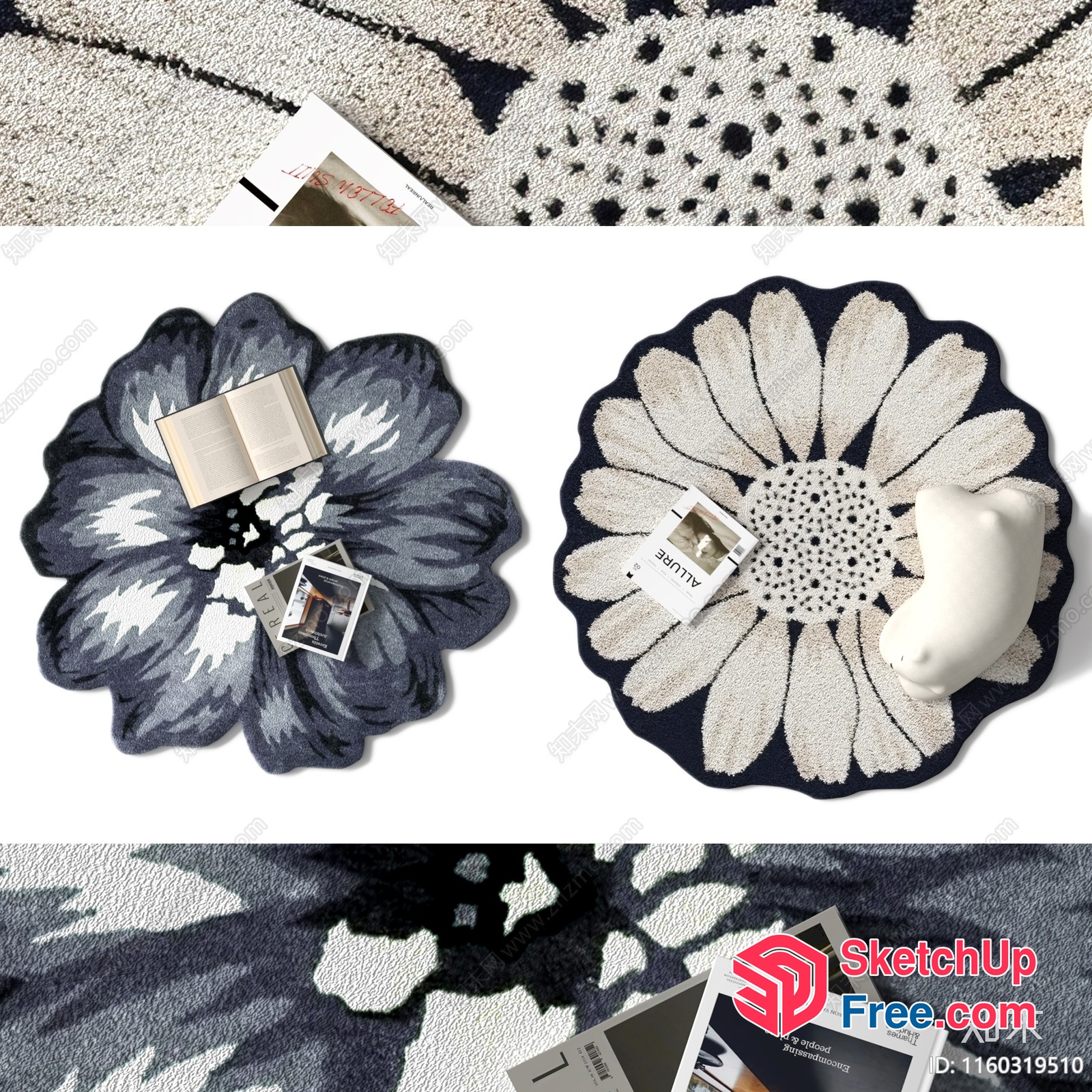 Flower-Shaped Rugs With Books And Pillows 3D SketchUp File