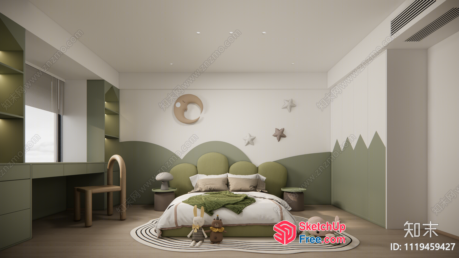 Modern Green And White Bedroom With A Touch Of Nature 3D SketchUp File