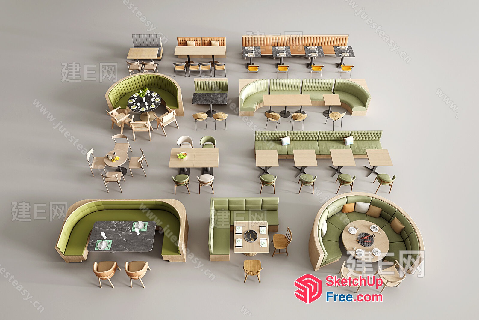 Modern Restaurant Interior With Green And Brown Color Scheme 3D SketchUp File