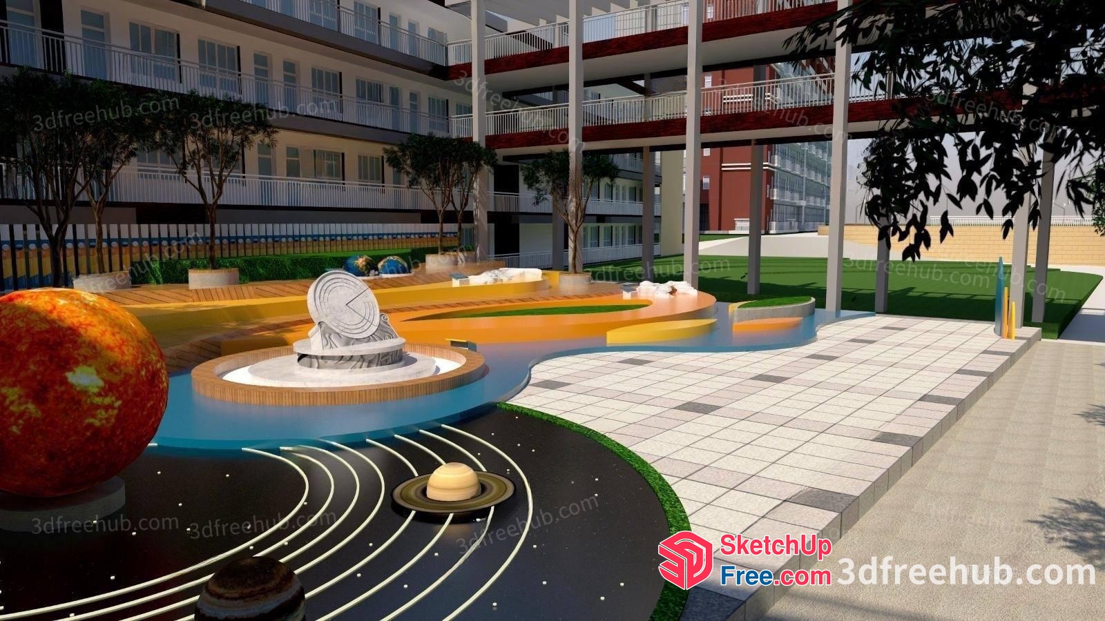 Futuristic Solar System Exhibit In A Modern Building Courtyard 3D SketchUp File