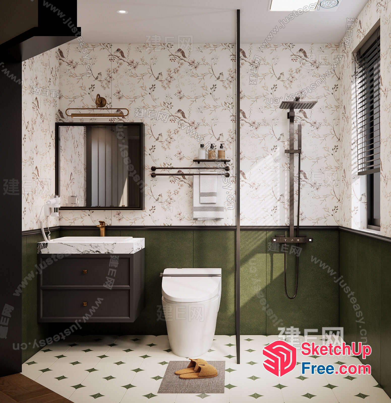 Modern Bathroom With Green Accents And Floral Wallpaper 3D SketchUp File