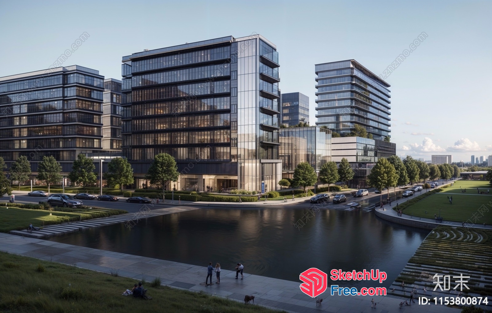 Modern Office Buildings Along A River 3D SketchUp File