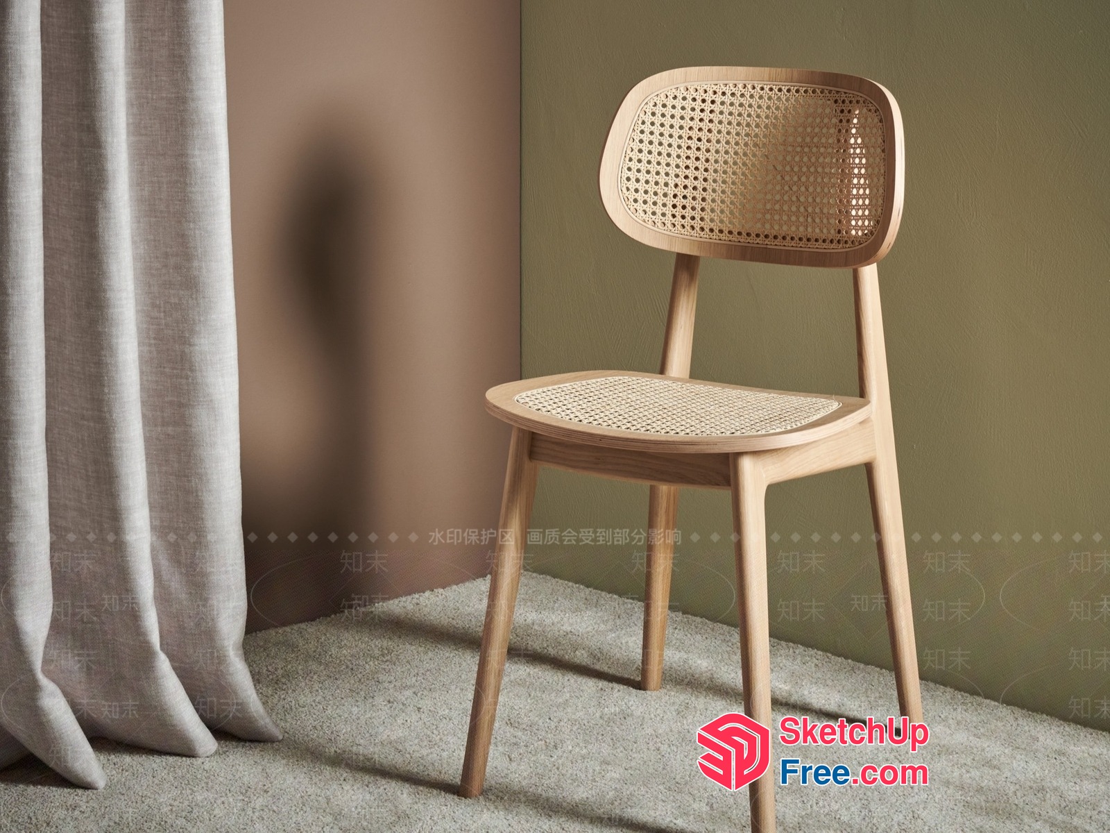Minimalist Wooden Chair With Rattan Backrest 3D SketchUp File