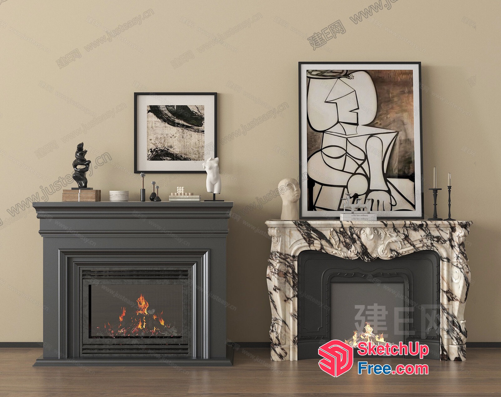 Modern Fireplace And Marble Mantel Decor 3D SketchUp File