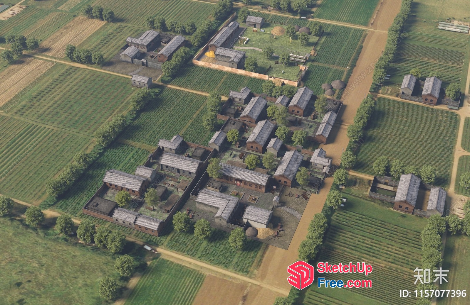 Aerial View Of A Rural Village With Fields And Houses 3D SketchUp File